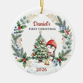 Watercolor Penguin Baby 1st Christmas Tree Ceramic Ornament