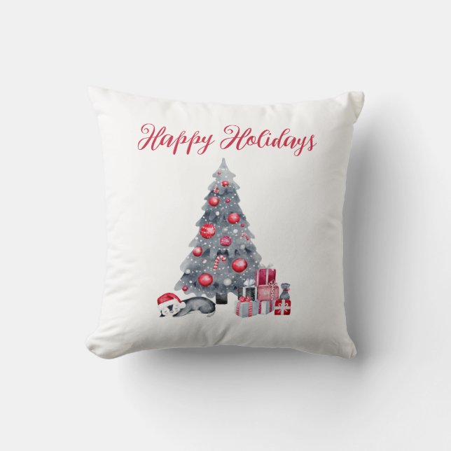 Watercolor Penguin Black Red Happy Holidays Throw Pillow (Front)