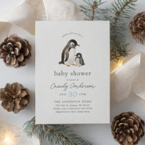 Watercolor Penguin Boy Baby Shower Invitation
