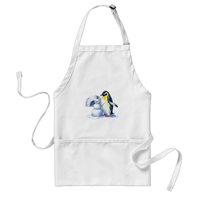 Watercolor Penguin building a snowmen Adult Apron (Front)