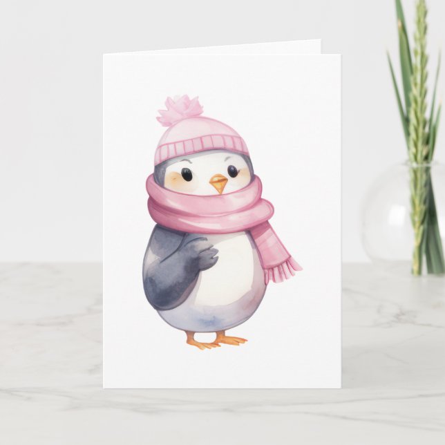 Watercolor Penguin in Pink Scarf Card (Front)
