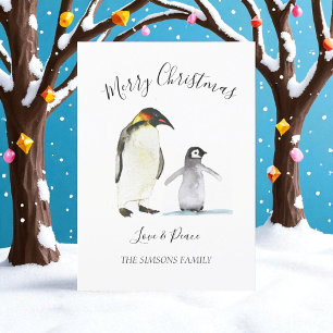 Watercolor Penguin Merry Christmas Merry bright Holiday Card