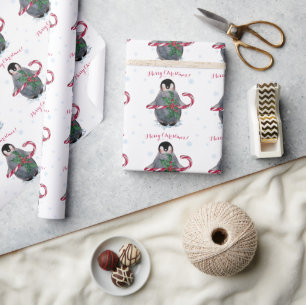 Watercolor Penguin Merry Christmas Wrapping Paper