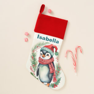 Watercolor penguin Santa Zoo Xmas Holiday party Christmas Stocking