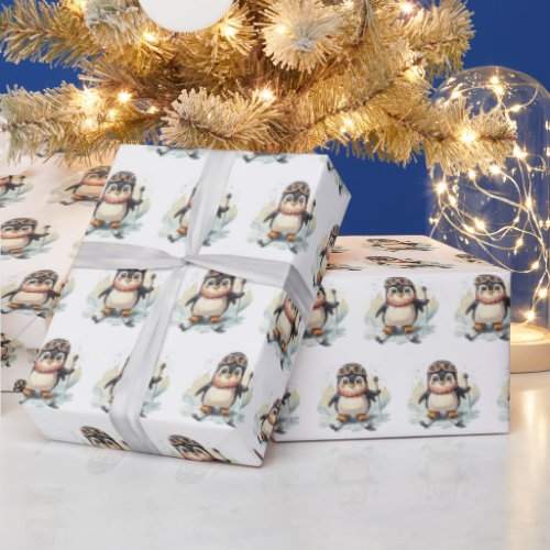 Watercolor Penguin Skiing On Snow Wrapping Paper