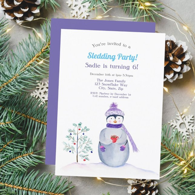 Watercolor Penguin Sledding Party Invitation (Chill and Thrill! Join the Penguin Fun!)