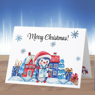 Watercolor Penguin Snow Colorful Merry Christmas Holiday Card