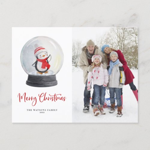 Watercolor Penguin Snow Globe Photo Christmas Holiday Postcard