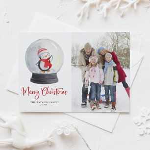 Watercolor Penguin Snow Globe Photo Christmas Holiday Postcard