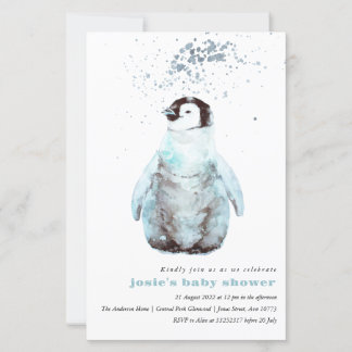 Watercolor Penguin Winter Baby Shower Invitation