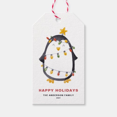 Watercolor Penguin with Christmas Lights Holiday Gift Tags