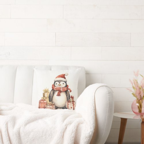 Watercolor Penguin With Holiday Gifts Throw Pillow