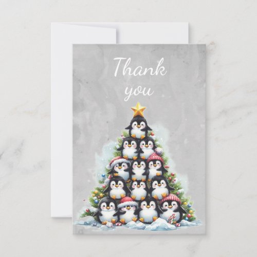 Watercolor Penguins Christmas Tree Thank You Card