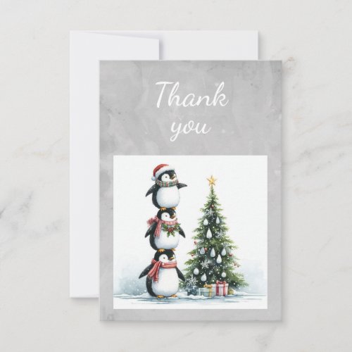 Watercolor Penguins Decorating Christmas Tree Thank You Card