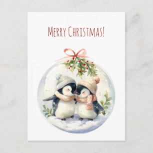 Watercolor penguins on Merry Christmas Holiday Postcard