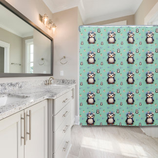 Watercolor Penguins Pattern Little Teal Spring Shower Curtain
