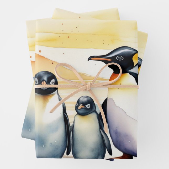 Watercolor Penguins Sliding on Ice Wrapping Paper Sheets (In situ)