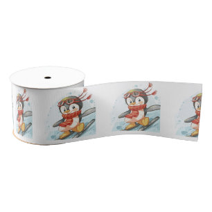 Watercolor Penguins Snow Skiing Grosgrain Ribbon