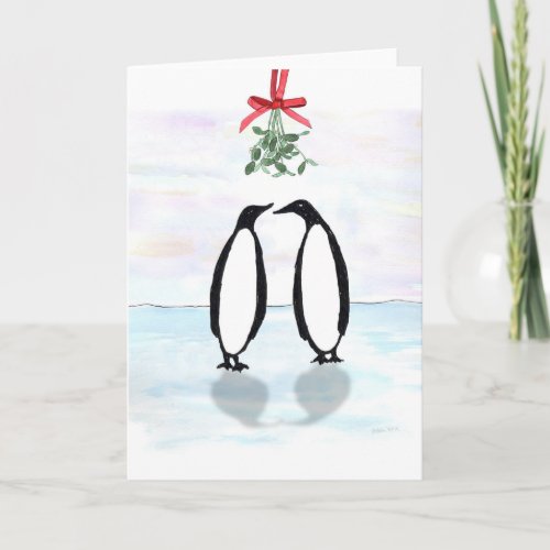 Watercolor Penguins with Holiday Mistletoe