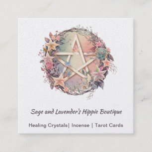 Watercolor Pentagram and Flowers Square Business C Square Business Card