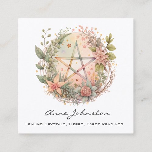 Watercolor Pentagram and Flowers Square Business Card