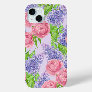 Watercolor peonies and lilacs iPhone 15 plus case