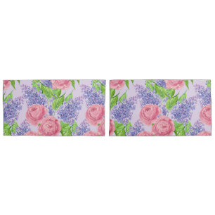Watercolor peonies and lilacs pillow case