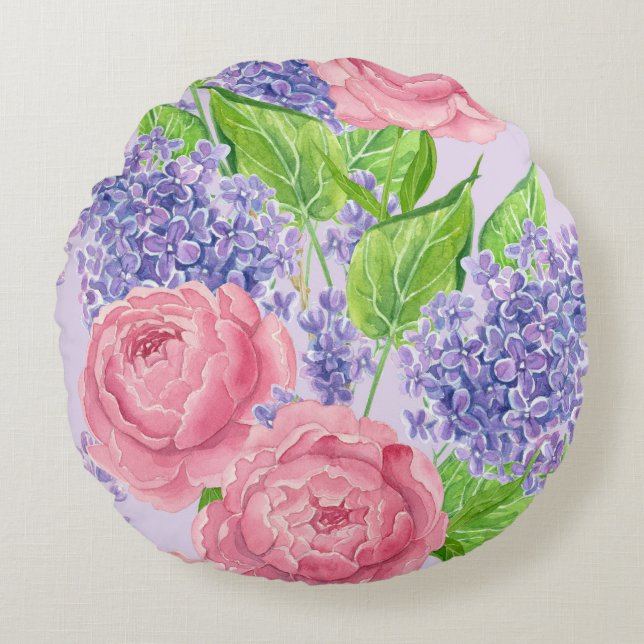 Watercolor peonies and lilacs round pillow (Front)