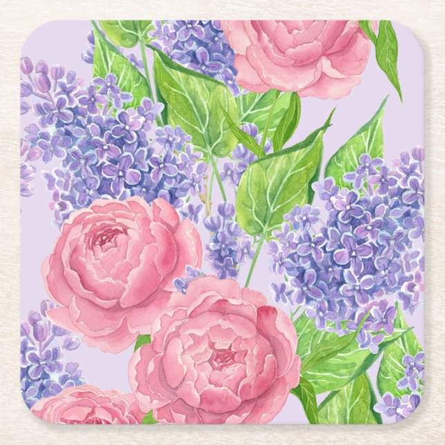 Watercolor peonies and lilacs square paper coaster (Front)