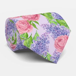 Watercolor peonies and lilacs tie