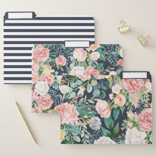 Custom Binders And Folders 13 Watercolor Peonies And Navy Blue Stripes File Folder