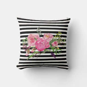 Watercolor Peonies and Stripes Accent Pillow