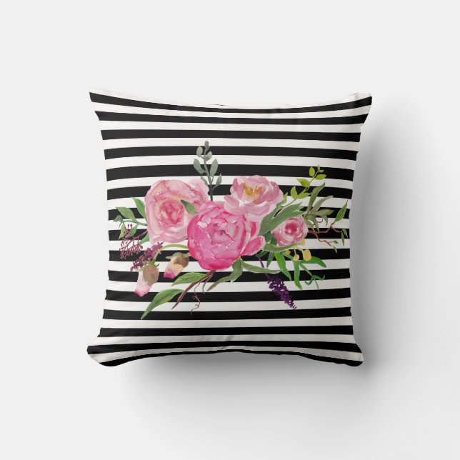 Watercolor Peonies and Stripes Accent Pillow (Front)