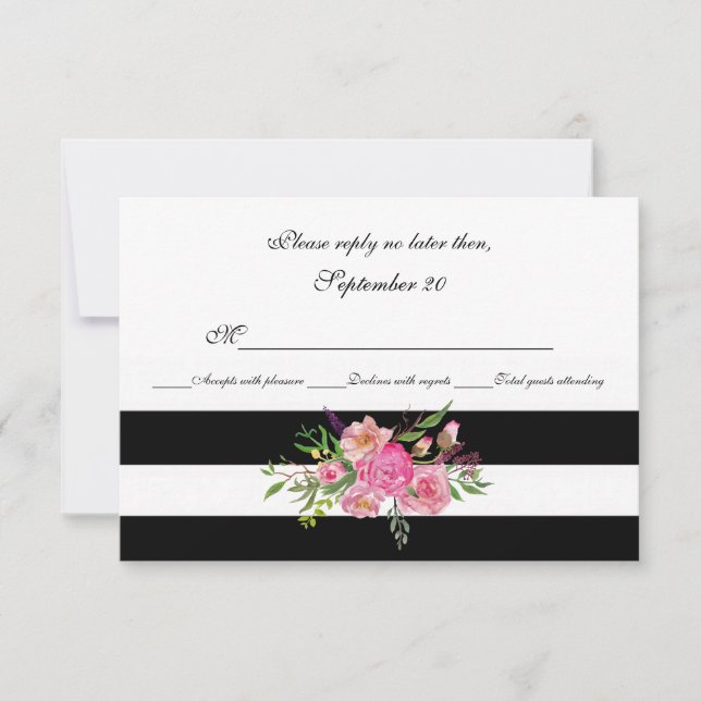 Watercolor Peonies and Stripes Wedding RSVP Card (Front)