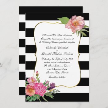 Watercolor Peonies And Stripess Wedding Invitation by Myweddingday at Zazzle