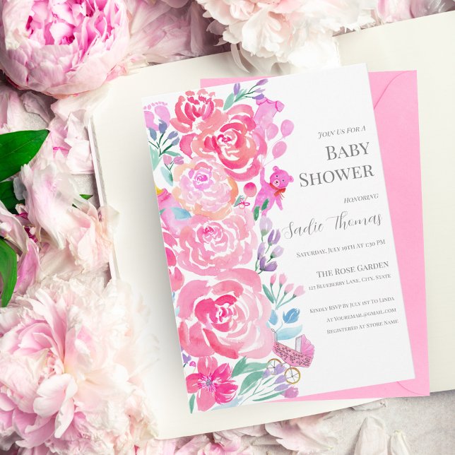Watercolor Peonies, Bear & Baby Items Baby Shower Invitation (Creator Uploaded)