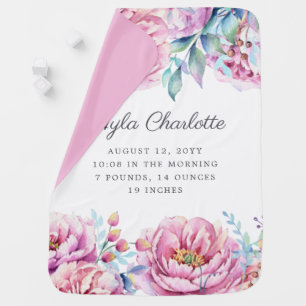 Watercolor Peonies Birth Information Baby Blanket