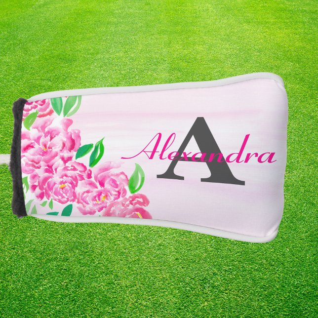 Watercolor Peonies Birthday Monogram With Name Golf Head Cover (Creator Uploaded)