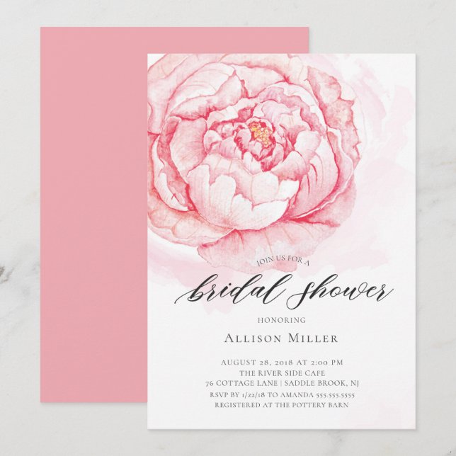 Watercolor Peonies Bridal Shower Invitation (Front/Back)