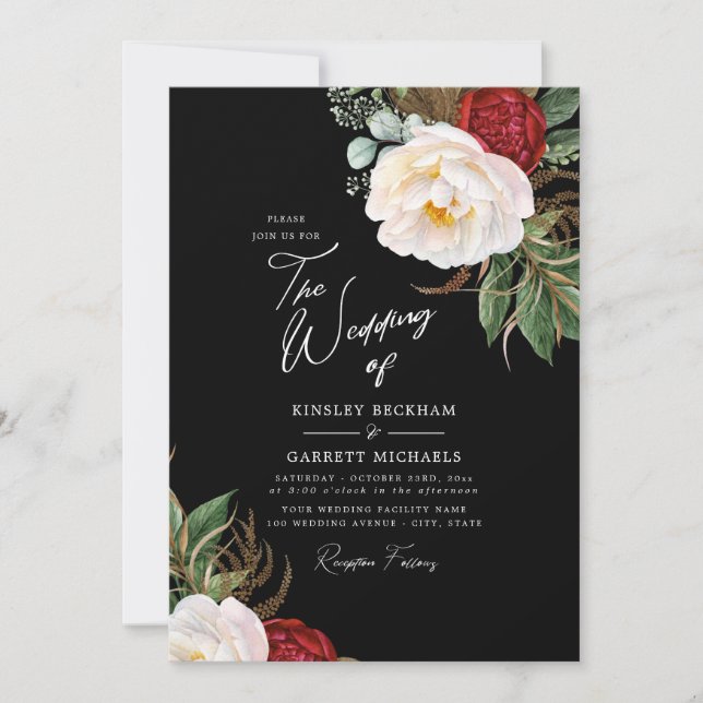 Watercolor Peonies Customizable Black Wedding Invitation (Front)