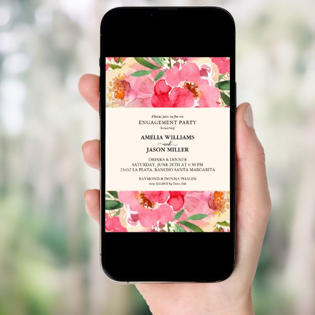 Watercolor Peonies Floral Engagement Party Invitation (Front Digital)