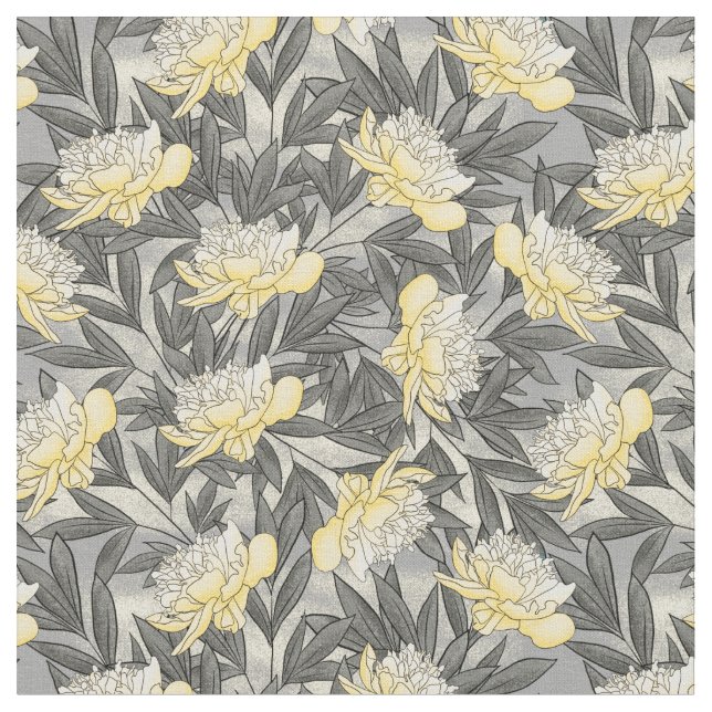 Watercolor Peonies Floral Pattern Yellow | Gray Fabric (Close Up)