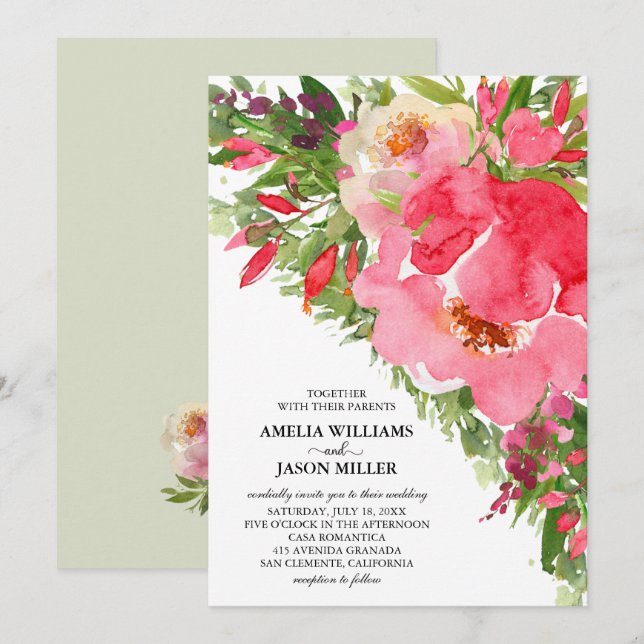 Watercolor Peonies Floral Wedding Invitations (Front/Back)