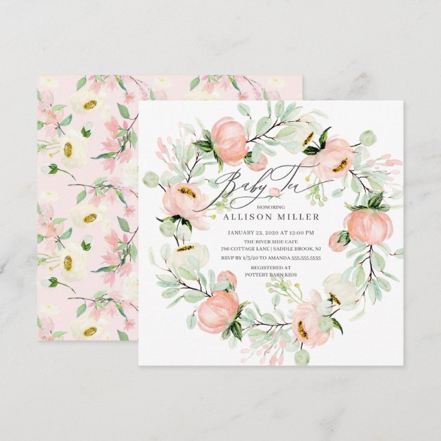 Watercolor Peonies Floral Wreath Baby Tea Invitation (Front/Back)