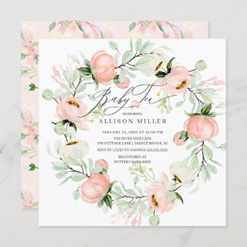 Watercolor Peonies Floral Wreath Baby Tea Invitation