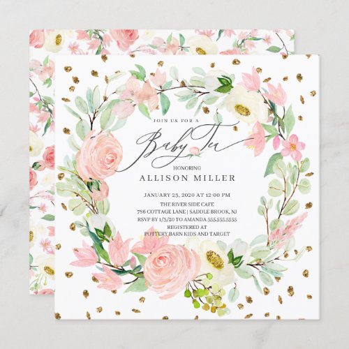 Watercolor Peonies Floral Wreath Baby Tea Shower Invitation