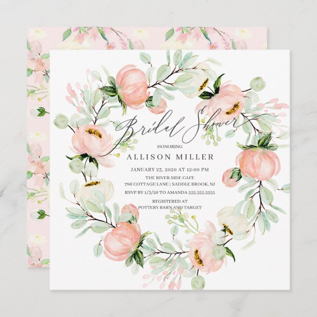 Watercolor Peonies Floral Wreath Bridal Shower Invitation (Front/Back)