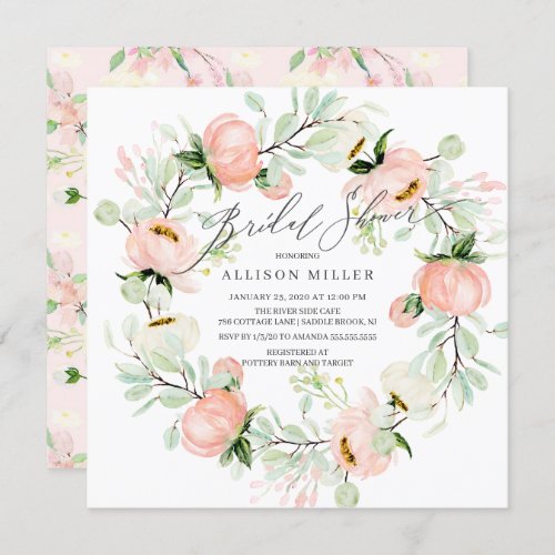 Watercolor Peonies Floral Wreath Bridal Shower Invitation