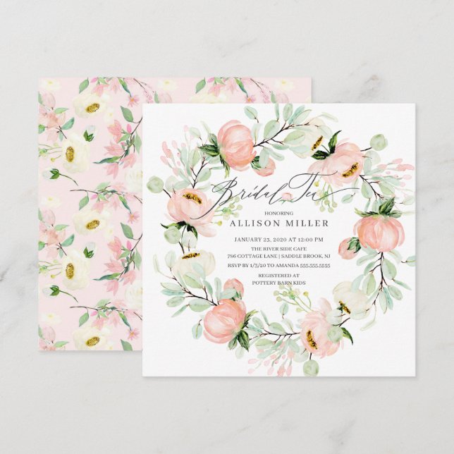 Watercolor Peonies Floral Wreath Bridal Tea Invitation (Front/Back)