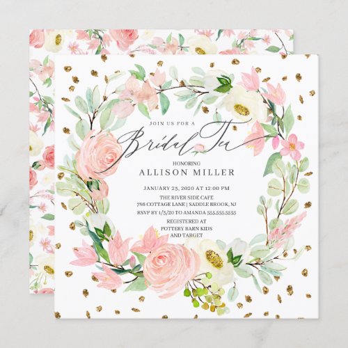 Watercolor Peonies Floral Wreath Bridal Tea Shower Invitation